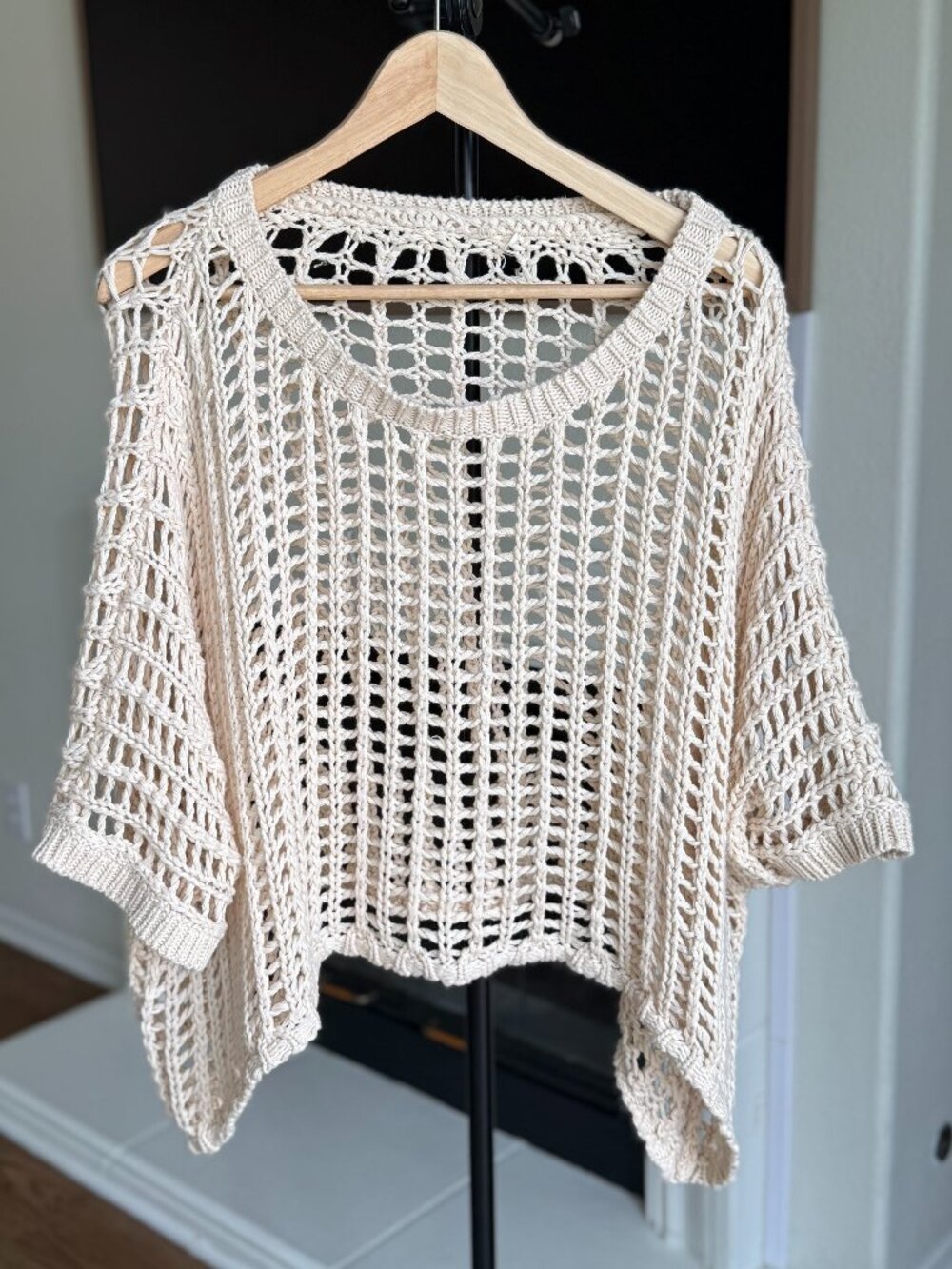 Open Knit Cream Poncho Coverup Crochet Coastal Minimal Top